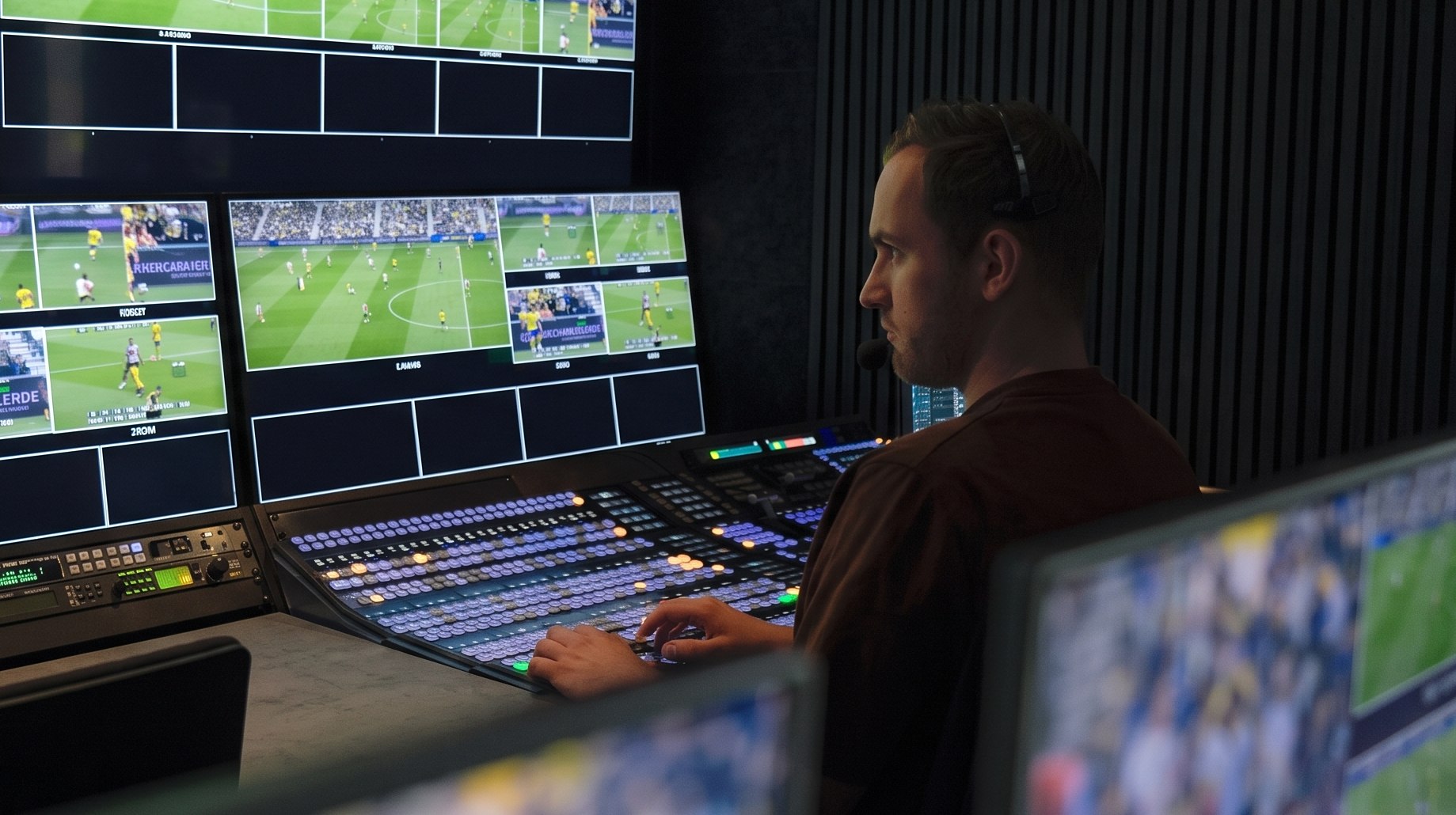 Willem Jongsma in profile behind the panel during a live sports broadcast.